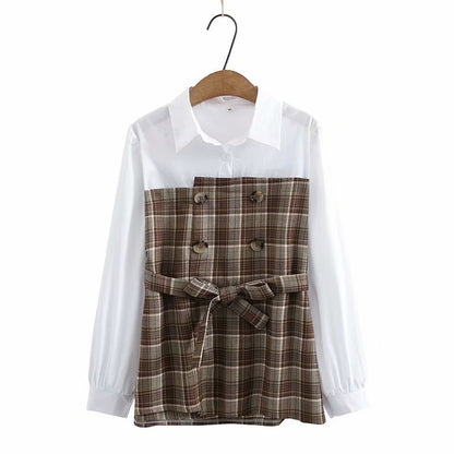 Retro Fake Two Piece Stitching Plaid Long-sleeved Shirt