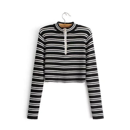 STRIPPED ZIPPER CROPPED SWEATSHIRT