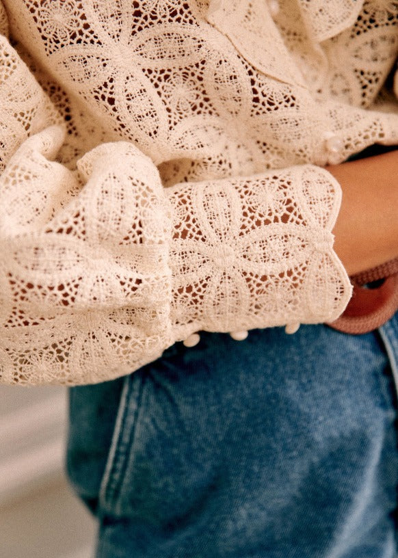 Chemise à manches longues pour femmes, Style français doux, broderie de feuilles de Lotus, dentelle, crochet, fleur