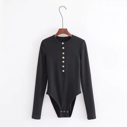 Long-sleeved knitted bottoming shirt buttoned slim bodysuit