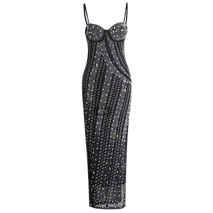 Net Drill Rhinestone Split Strap Dress