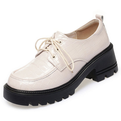 New Genuine Leather Chunky Heel Platform Lace-up Leather Shoes