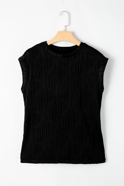 Black Wavy Texture Cap Sleeve Top