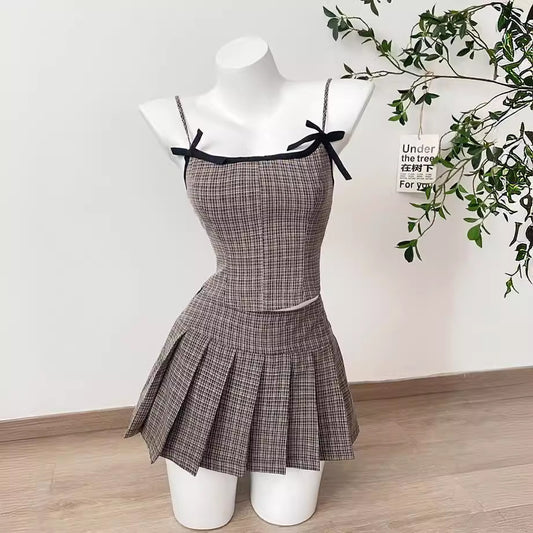 Women's Bow Plaid Contrast Color Slim Fit Slip Dress Suit