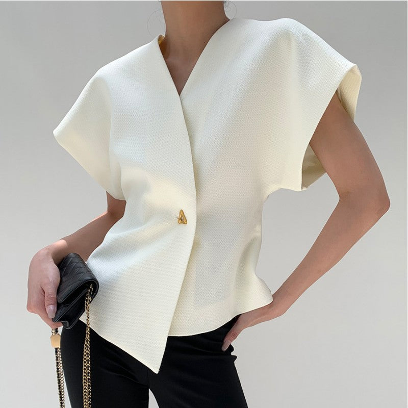 Design Sense Fitted Waist Vest Solid Color Irregular Top