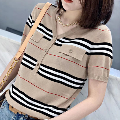 Fake Pocket Striped Ice Silk Sweater Women Short Sleeves