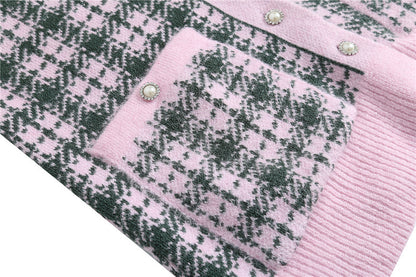 Cardigan tricoté à carreaux pour femmes, col en v