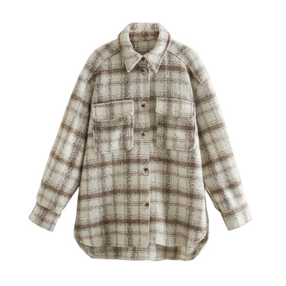 Plaid lapel jacket loose casual mid-length