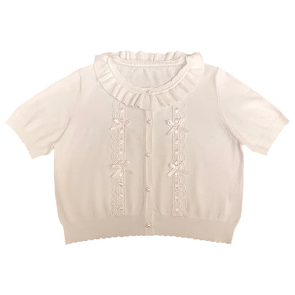 Lace Wear Ribbon Bow French Girl White Short-sleeved Knitted Top