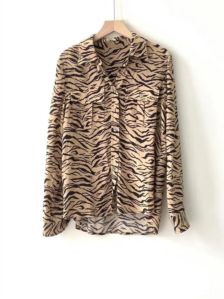 Chemise à manches longues avec poche à motif de tigre pour femmes françaises, début d'automne