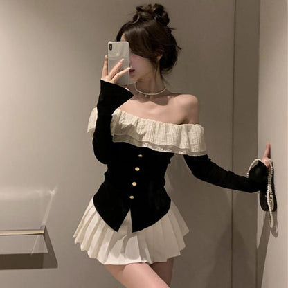 Off-shoulder Long-sleeved T-shirt Women's Ruffled Patchwork Top