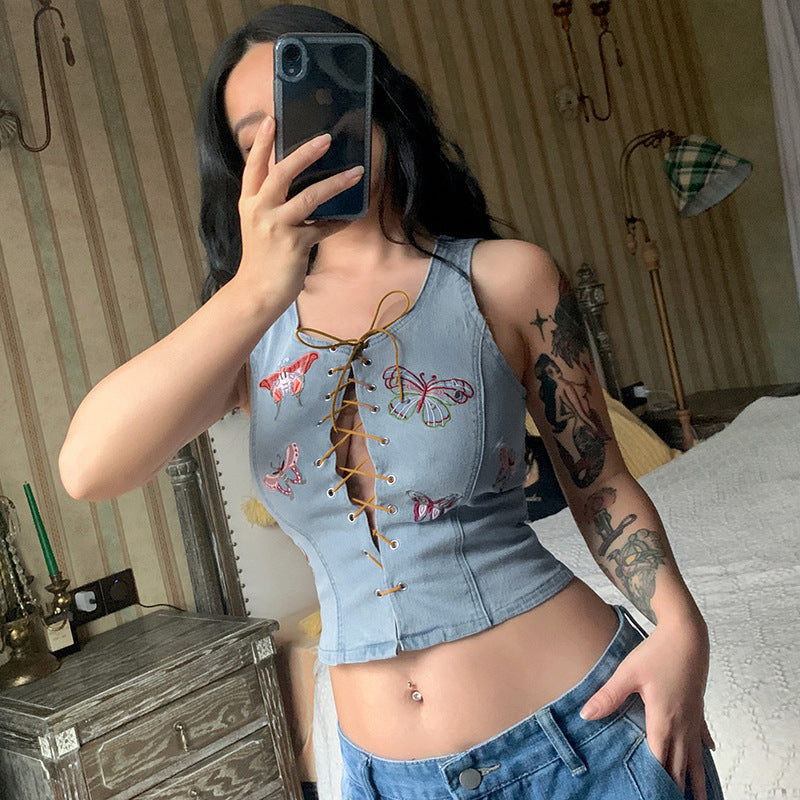 Butterfly Embroidered Cropped Lace-Up Denim Tank Top