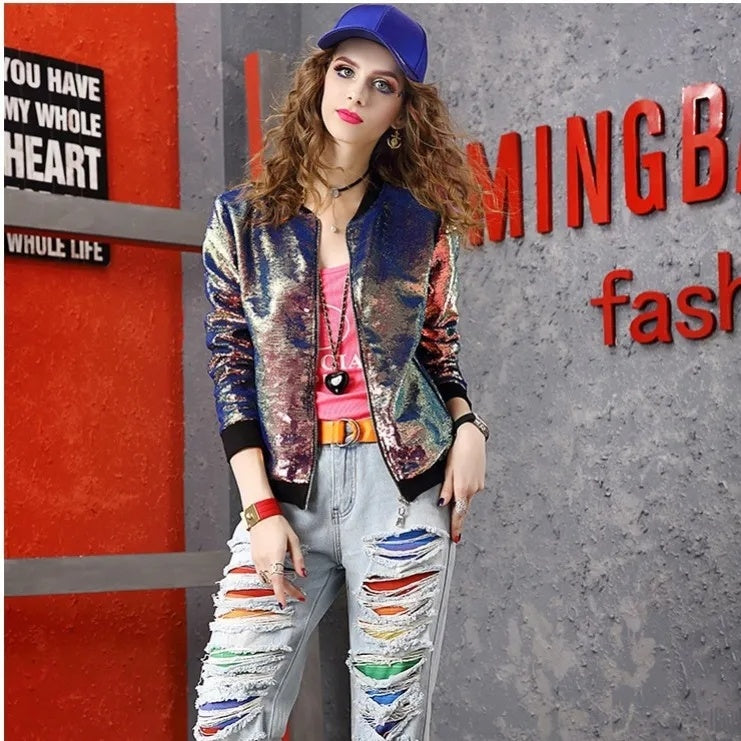 Fashion Stand Collar Tide Brand Zipper Sequin Long Sleeve Jacket Top