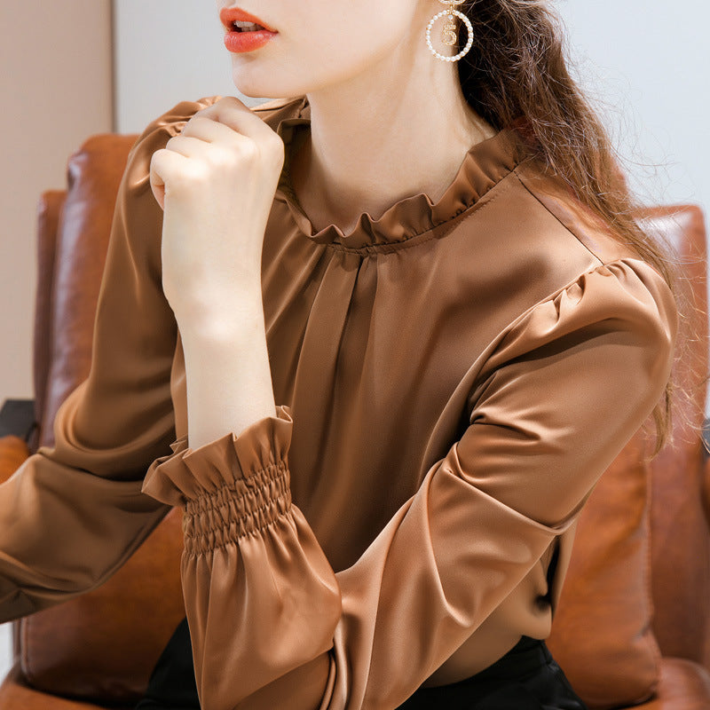 Flared sleeve slip satin ruffle bottoming shirt