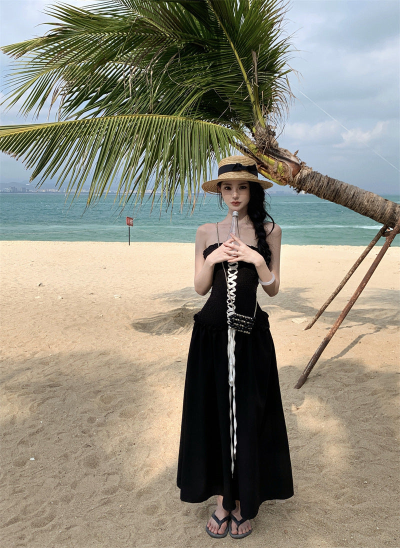 Travel Photos Black Chest Strap Smocking Strapless Dress