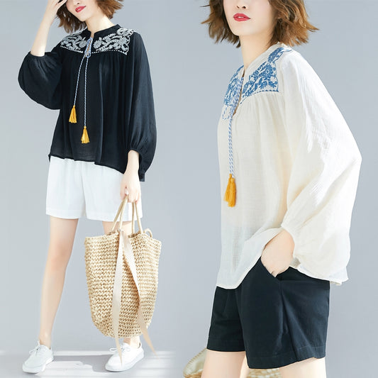 Oversized women's loose shirt with Tassels and embroidery