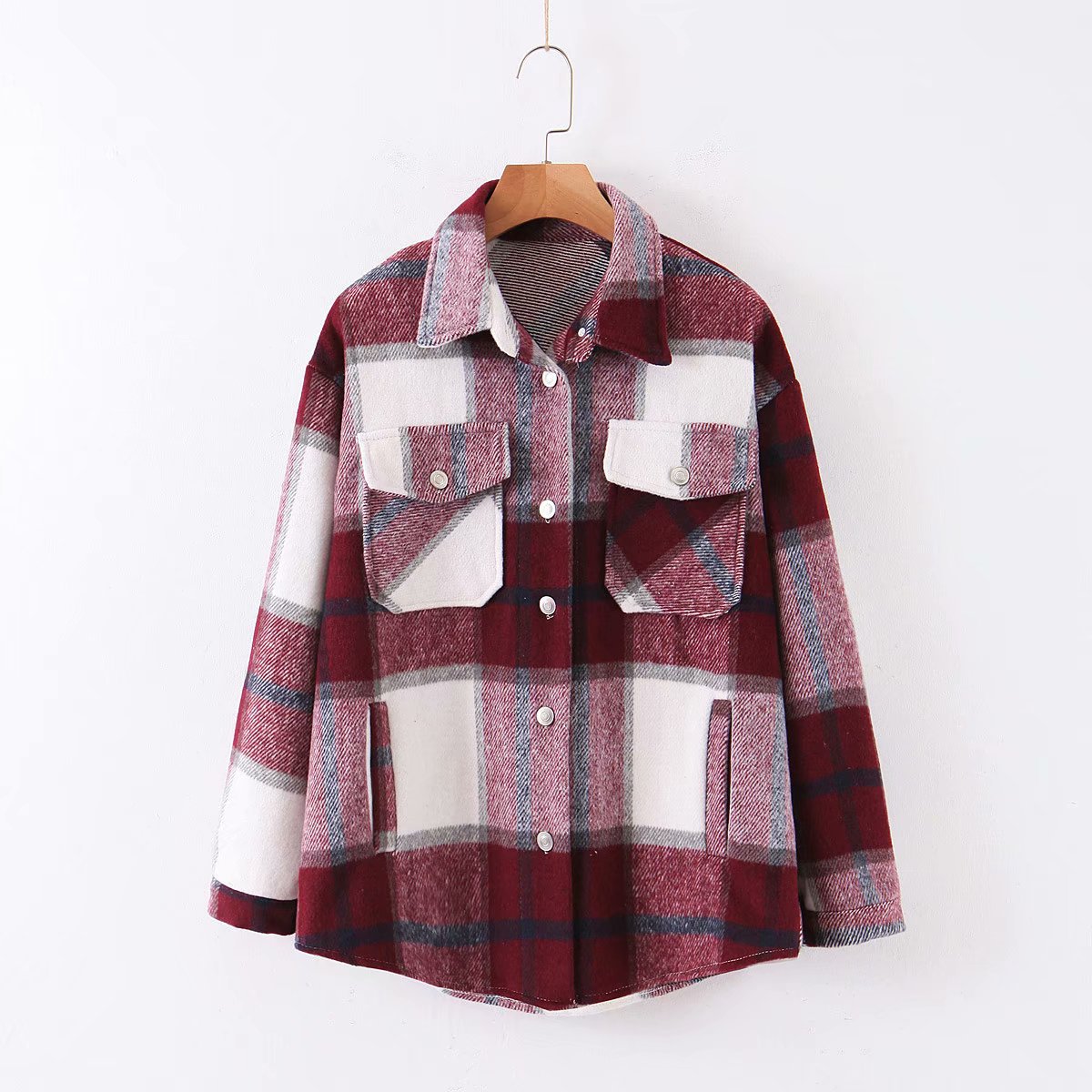 New Lapel Woolen Plaid Shirt Jacket Women