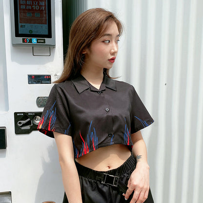 Street shot handsome flame short shirt female suit top