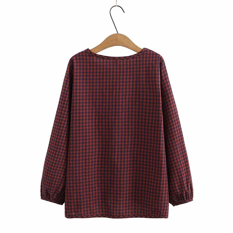 Plus Size Women's Korean Loose Retro Plaid Long Sleeve Bottoming Shirt