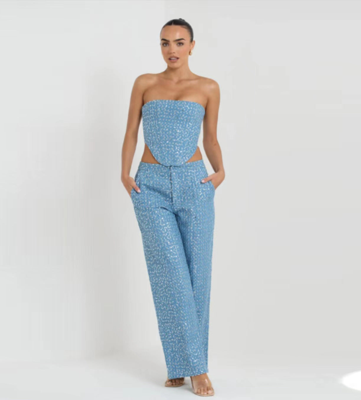 Costume de pantalon à jambes larges en jean à paillettes à la mode