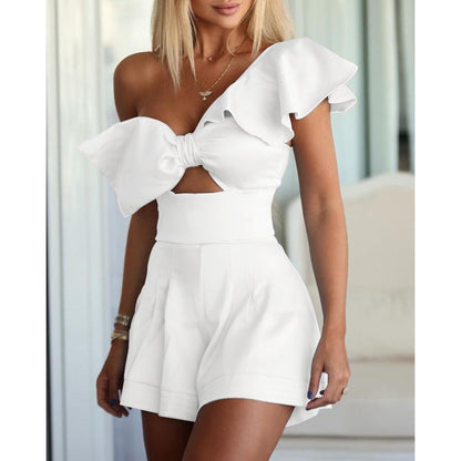 One-shoulder Bow Ruffled One-piece Shorts