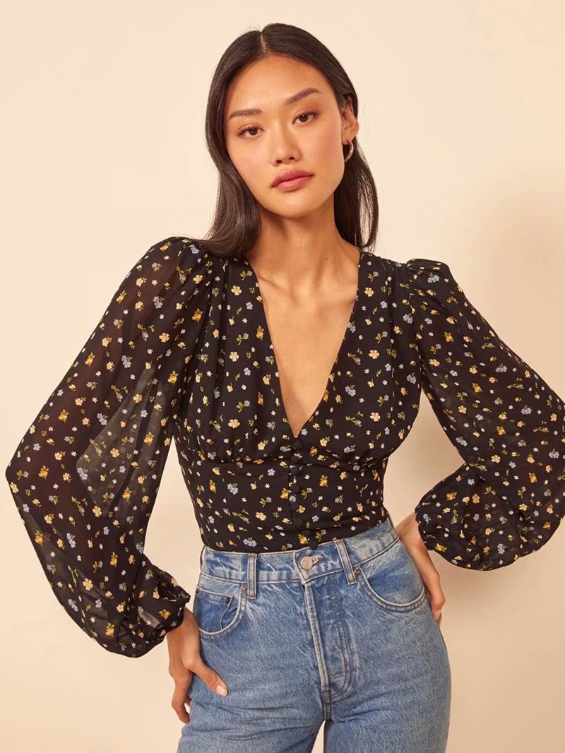 All-match V-neck floral print lantern sleeve top