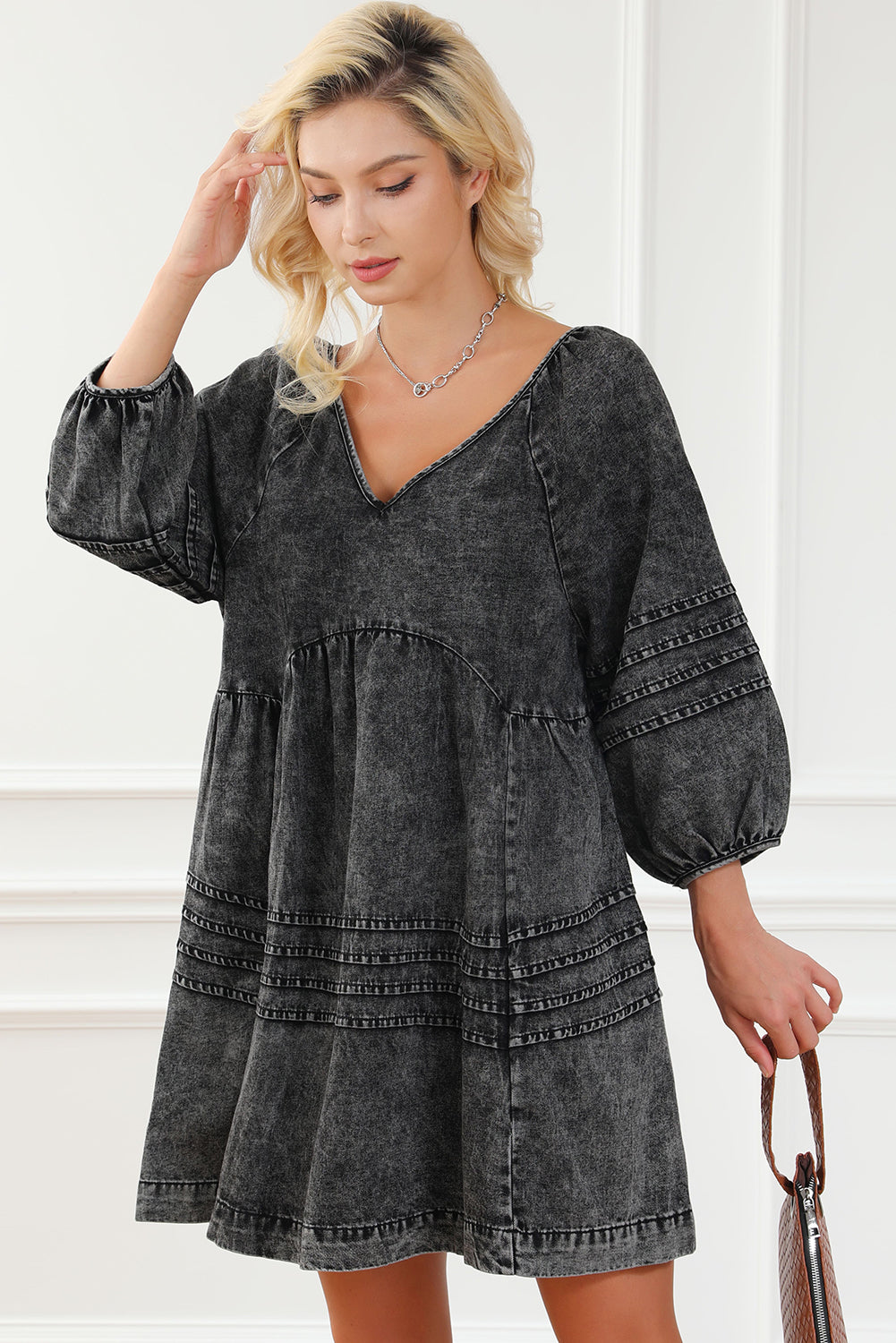 Black Pleated V Neck Puff Sleeve Denim Babydoll Dress