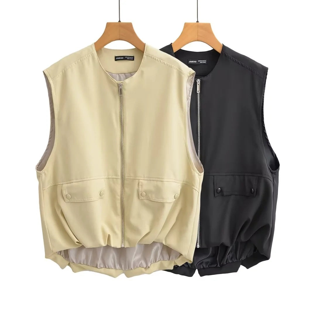 Casual Round Neck Sleeveless Loose Zipper Pleated Vest