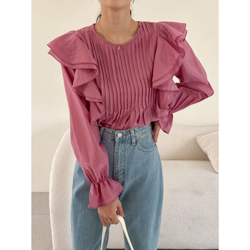 Elegant Flared Long Sleeve Loose Pleated Top