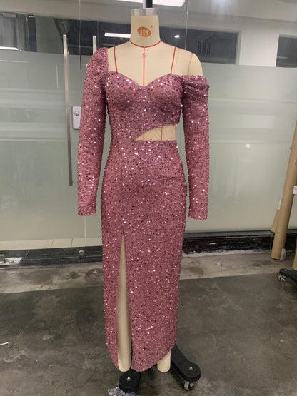 Woman Square-neck Slim-fit Sequined Evening Gown Dress