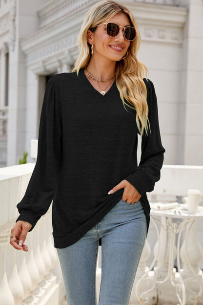 Long Puff Sleeve V-Neck Top