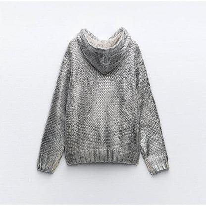 Silver Metal Ribbed Hooded Long Sleeve Drawstring Pullover Sweater