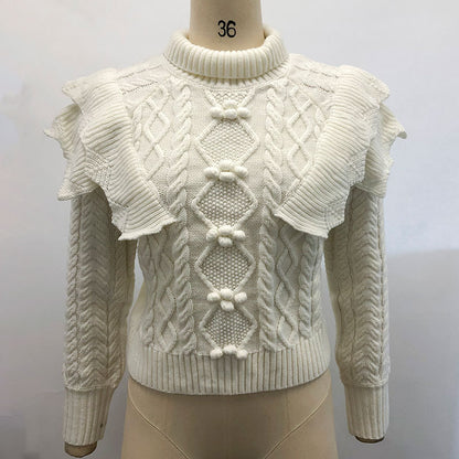 Women's Stitching Turtleneck Sweater Pure White Ruffled Fashion Sweater