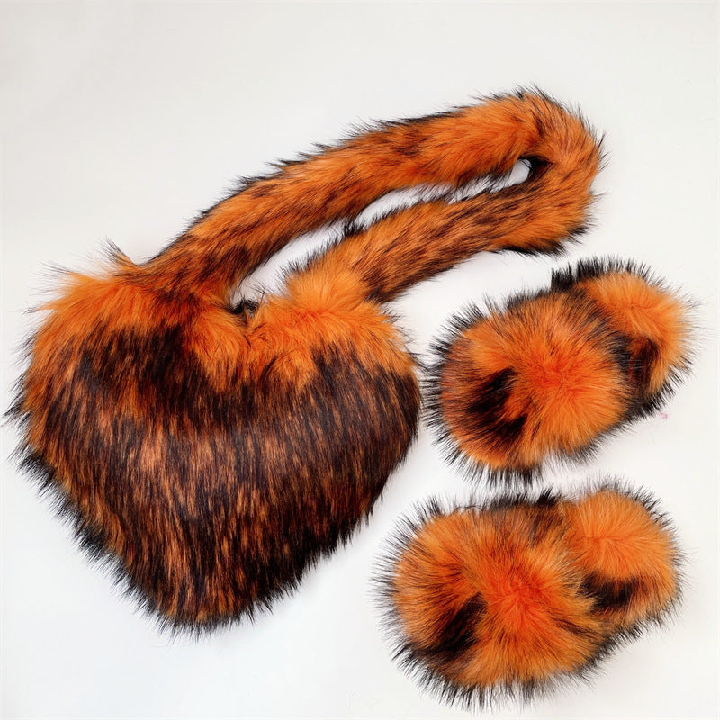 Crossbody Love Slippers Suit Raccoon Fur Fur Plush Shell Bag Home Shoes Bag Suit