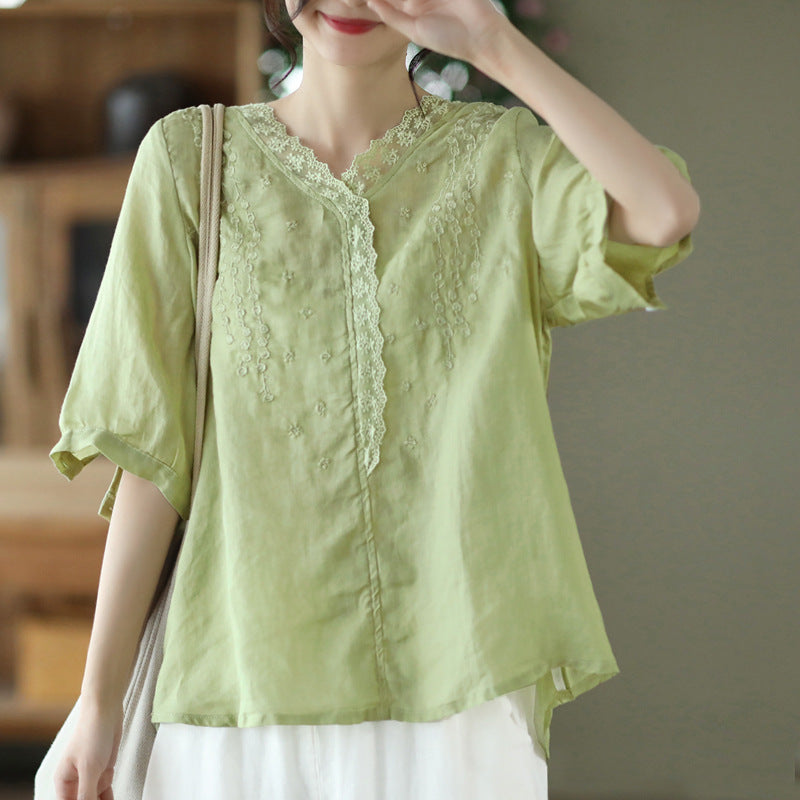 Fine Ramie Embroidered Women's V-Neck Lace Pullover Shirt