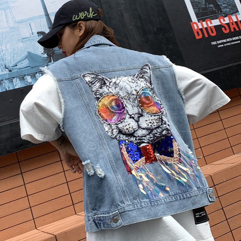 Cat Printing Ripped Sleeveless Denim Top