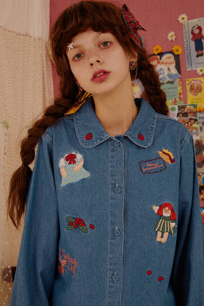 Childlike cute blue denim long sleeve shirt shirt women