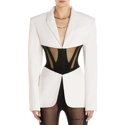 Fashion Cool Sheer Mesh Fishbone Slim Fit Patchwork Suit Jacket