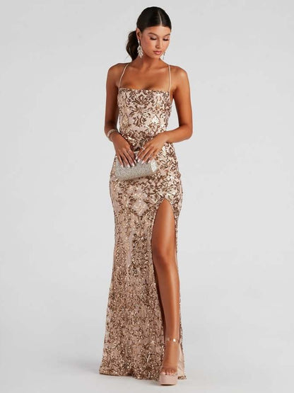 Off-neck Sequined Floor-length Evening Elegant Slit Banquet Party Dress