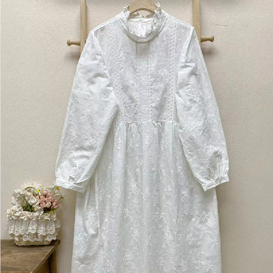 Loose Casual Embroidered Cotton Solid Color Long Sleeve Dress