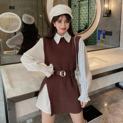 Suit Temperament Shirt Knitted Vest Jacket Female Two-Piece Trend