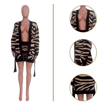 Women's Clothing Handmade Knitted Leopard-print Sweater Coat And Shorts Suit