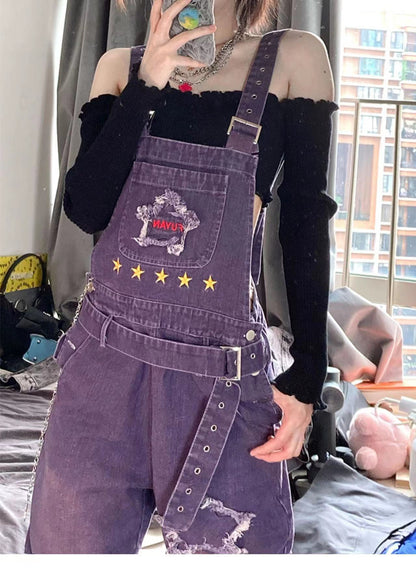 Purple Denim Suspender Pants Women's Retro High Waist