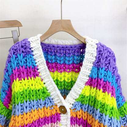 Cardigan pull arc-en-ciel tissé à la main pour femme