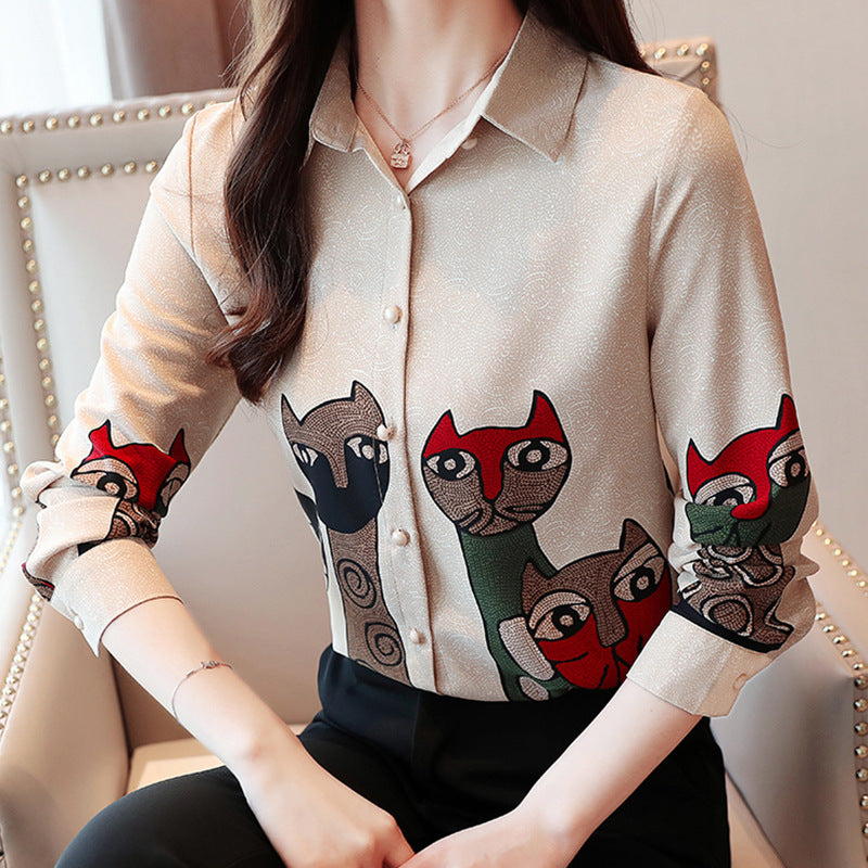 Spring And Autumn Vintage Cat Print Chiffon Shirt