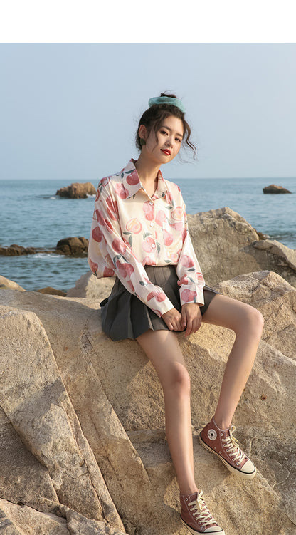 Women's Spring Retro Hong Kong Style Long Sleeve Chiffon Flower Shirt