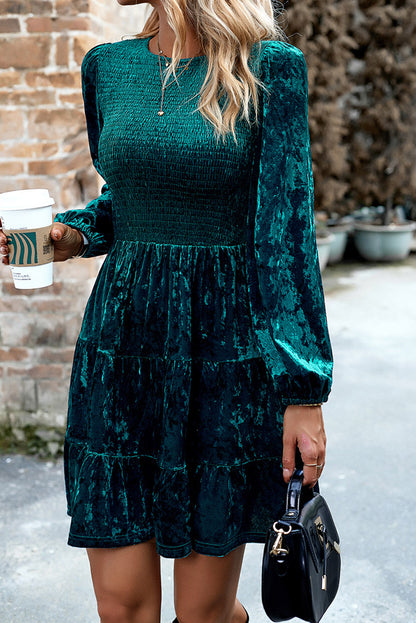 Green Velvet Smocked Puff Sleeve Ruffle Mini Dress