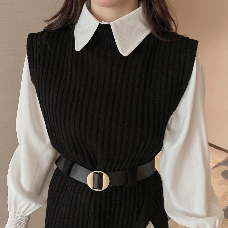 Suit Temperament Shirt Knitted Vest Jacket Female Two-Piece Trend