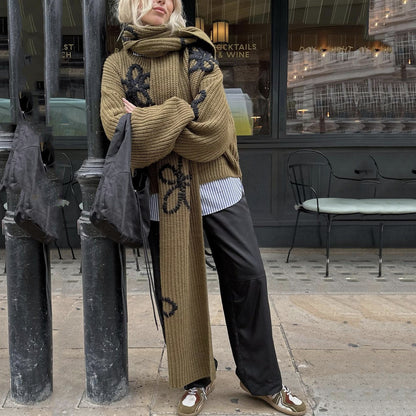 Mode décontracté épais aiguille au crochet pull motif contraste couleur haut tricoté pour les femmes