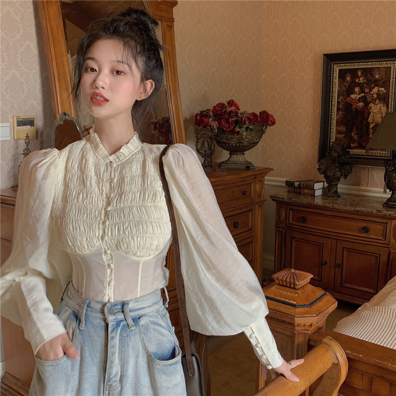 Retro Slim Long Sleeve Shirt Top Women's Short Korean Style Outer Shirt